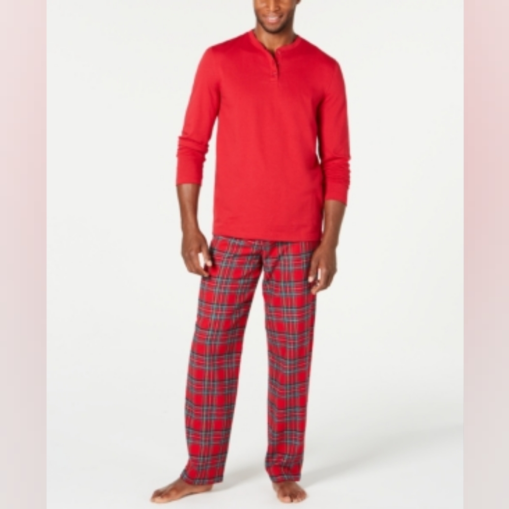Red Henley Top and Plaid Pajama Pants Set